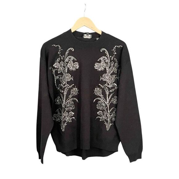 Ted Baker London Hazlie Beaded Sequin Sweater Black Silver M NWT - Picture 2 of 8